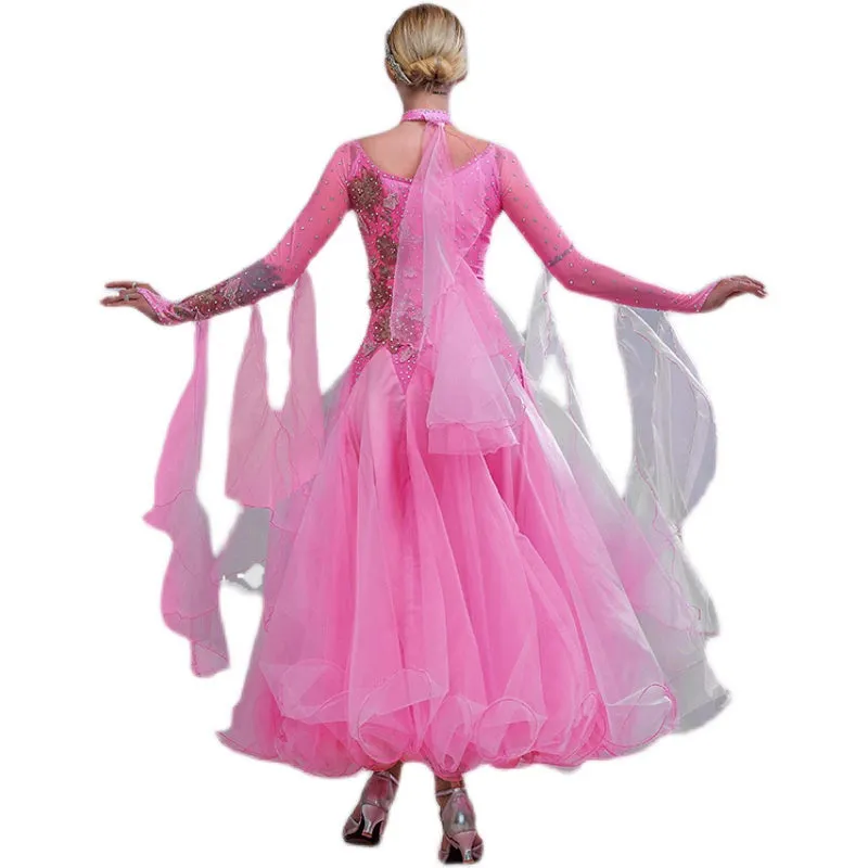 Pink Rhinestones Competition Ballroom Dance Dresses for Women Girls Kids Waltz Tango Foxtrot Smooth Dance Long Gown Party Dancing Outfits