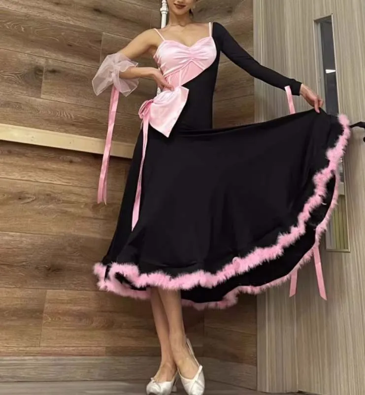 Pink white feather ballroom dance dresses for women girls Modern dance professional waltz tango foxtrot smooth performance clothes