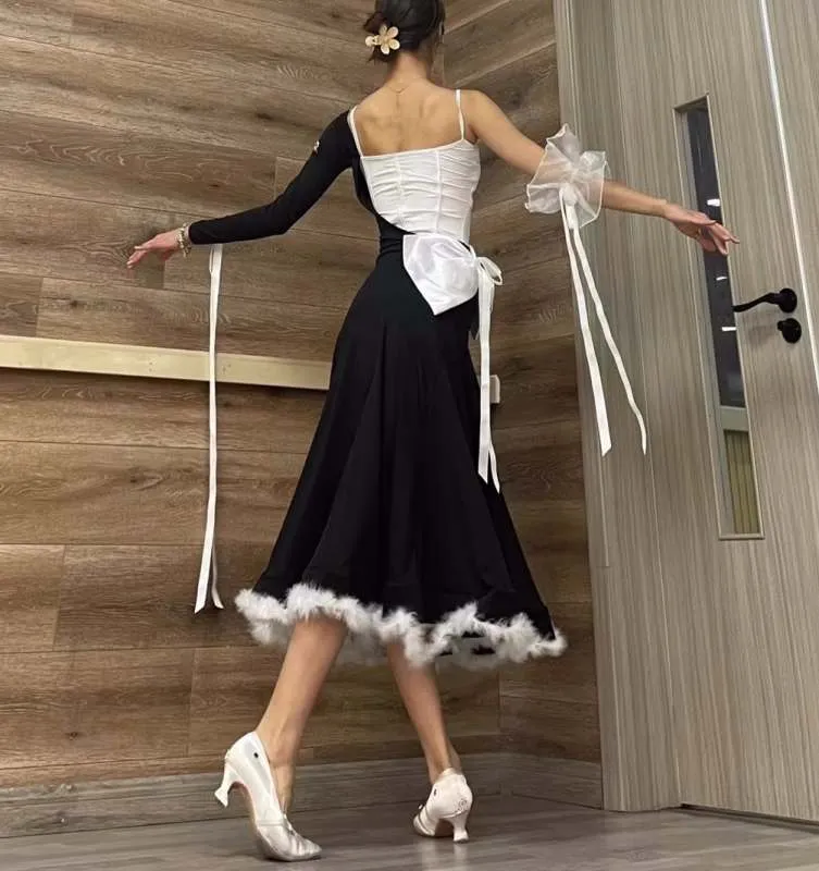 Pink white feather ballroom dance dresses for women girls Modern dance professional waltz tango foxtrot smooth performance clothes