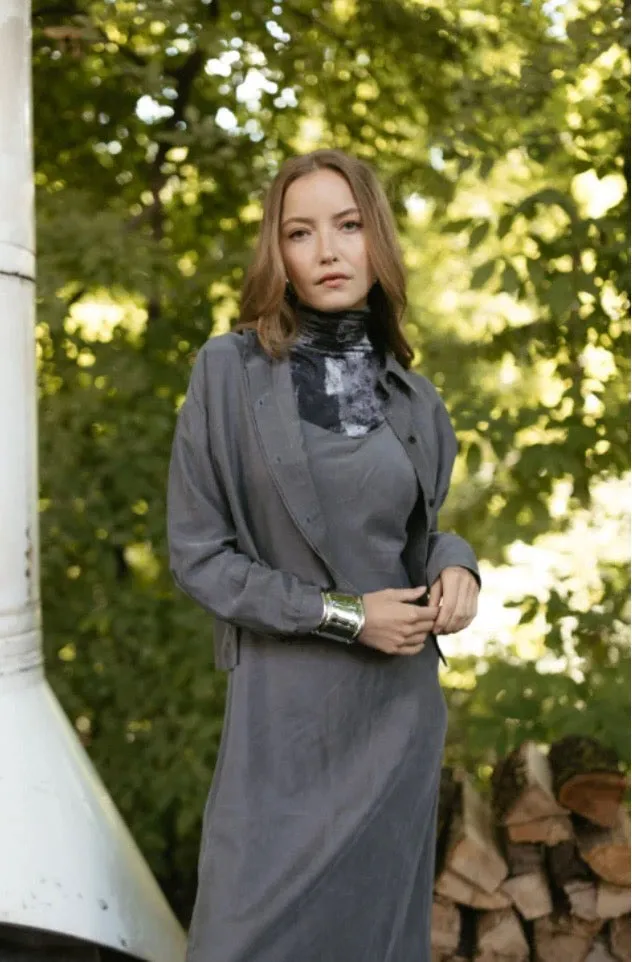 Point Sueded Cropped Button Up in Gunmetal