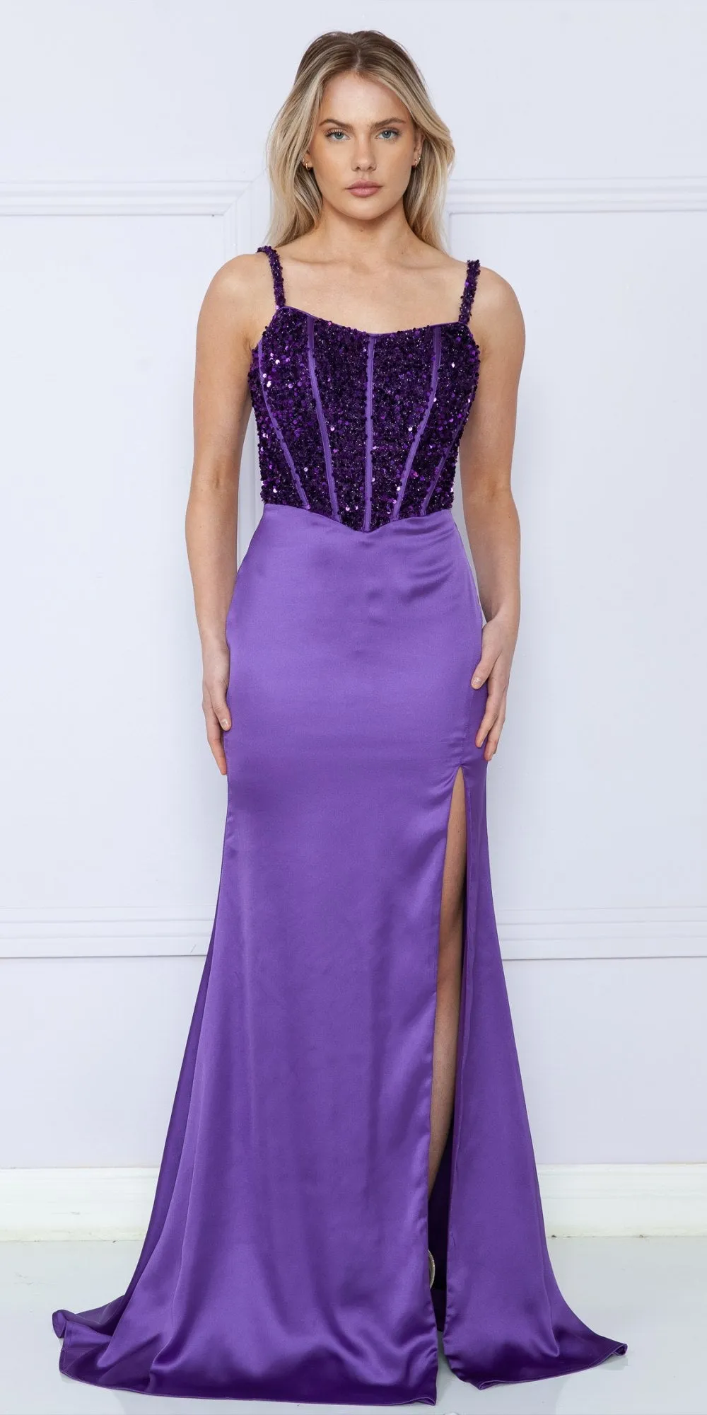 Poly USA 9176 Fitted Floor Length Sequin Boned Top Span Satin Skirt
