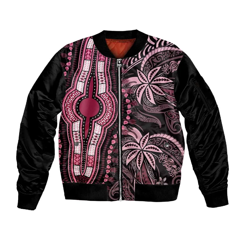 Polynesia Mixed African Dashiki Sleeve Zip Bomber Jacket Afro-pacific Culture - Pink LT9