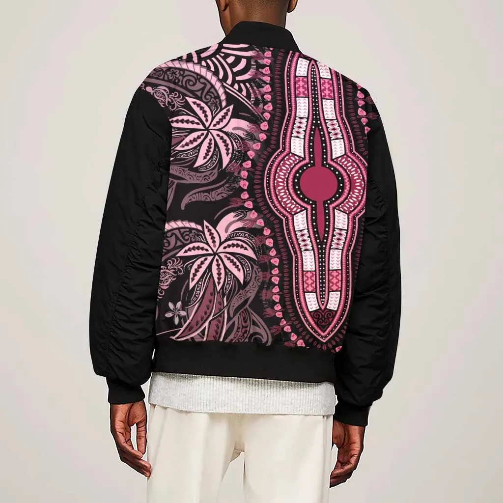 Polynesia Mixed African Dashiki Sleeve Zip Bomber Jacket Afro-pacific Culture - Pink LT9