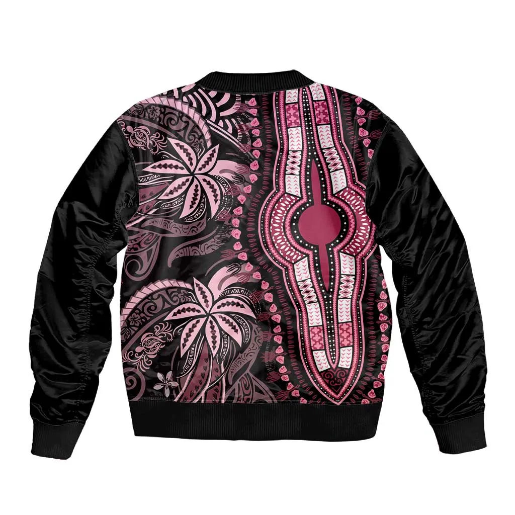 Polynesia Mixed African Dashiki Sleeve Zip Bomber Jacket Afro-pacific Culture - Pink LT9