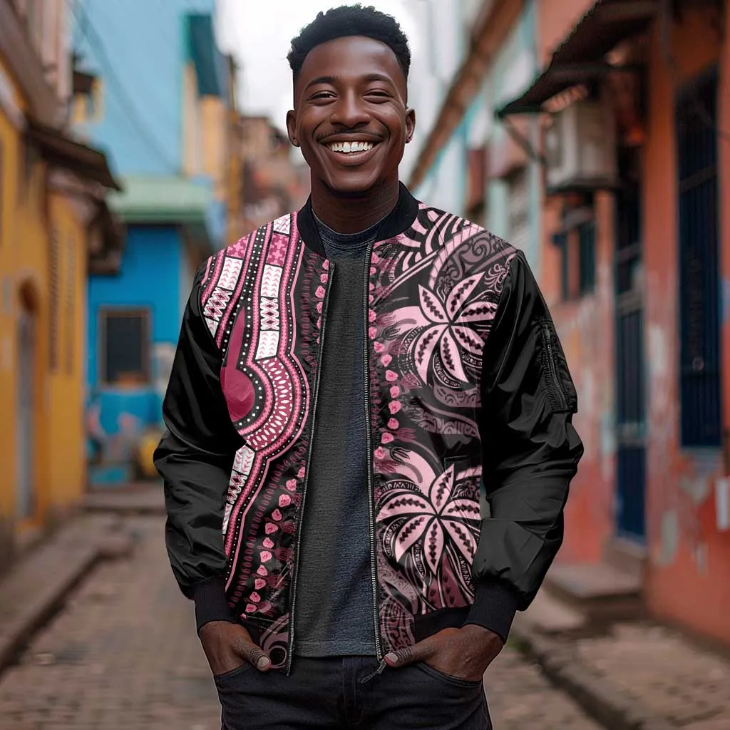 Polynesia Mixed African Dashiki Sleeve Zip Bomber Jacket Afro-pacific Culture - Pink LT9