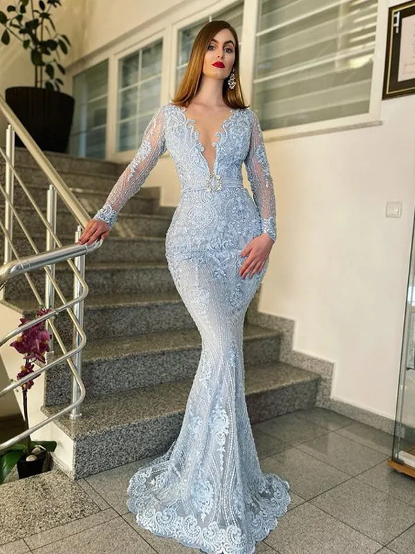 Popular Deep V-neck Long Sleeve Lace Beads Evening Long Prom Dresses,PDY0145
