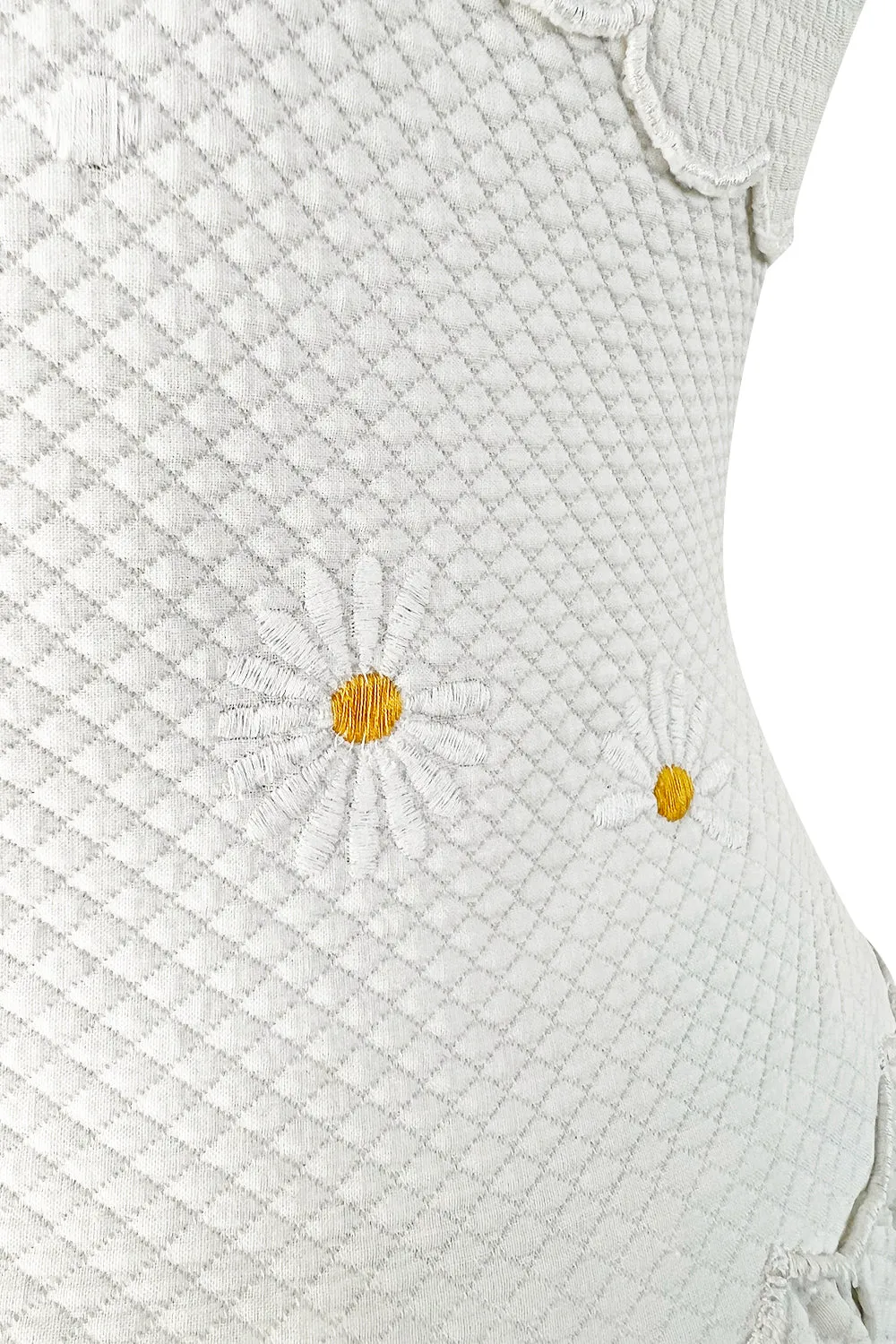 Prettiest 1960s Nina Ricci White Cotton Waffle Weave Pique Dress w Embroidered Daisies