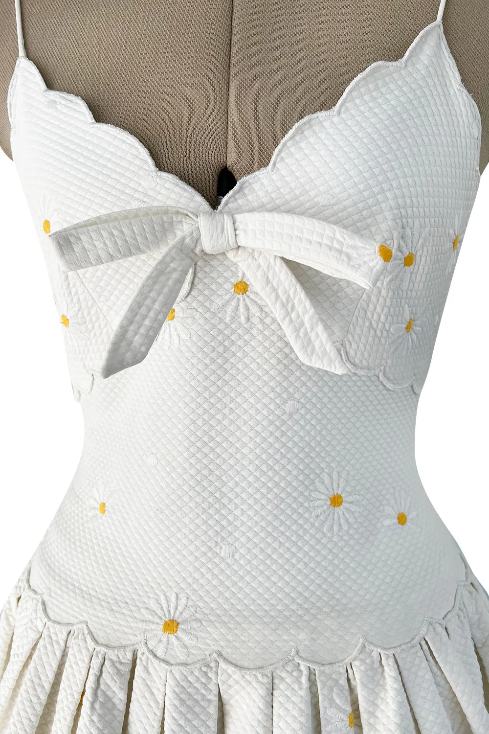 Prettiest 1960s Nina Ricci White Cotton Waffle Weave Pique Dress w Embroidered Daisies