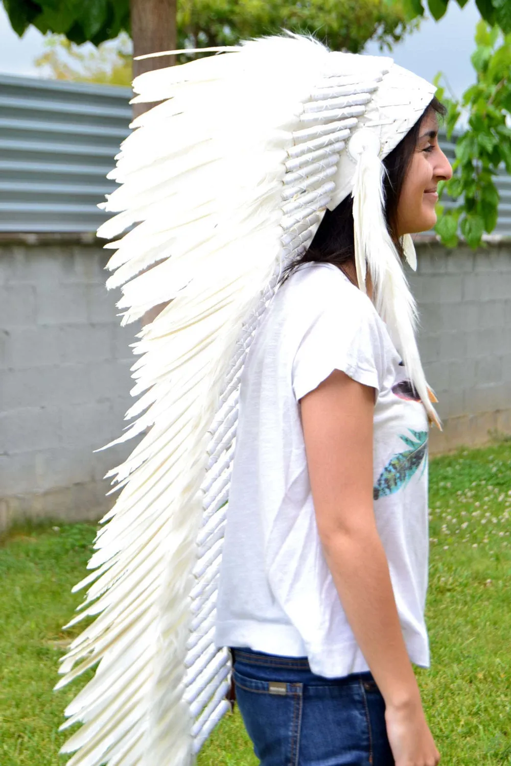 PRICE REDUCED N101- Extra Large Indian White Feather Headdress Headdress (43 inch long )