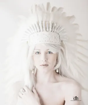 PRICE REDUCED N101- Extra Large Indian White Feather Headdress Headdress (43 inch long )