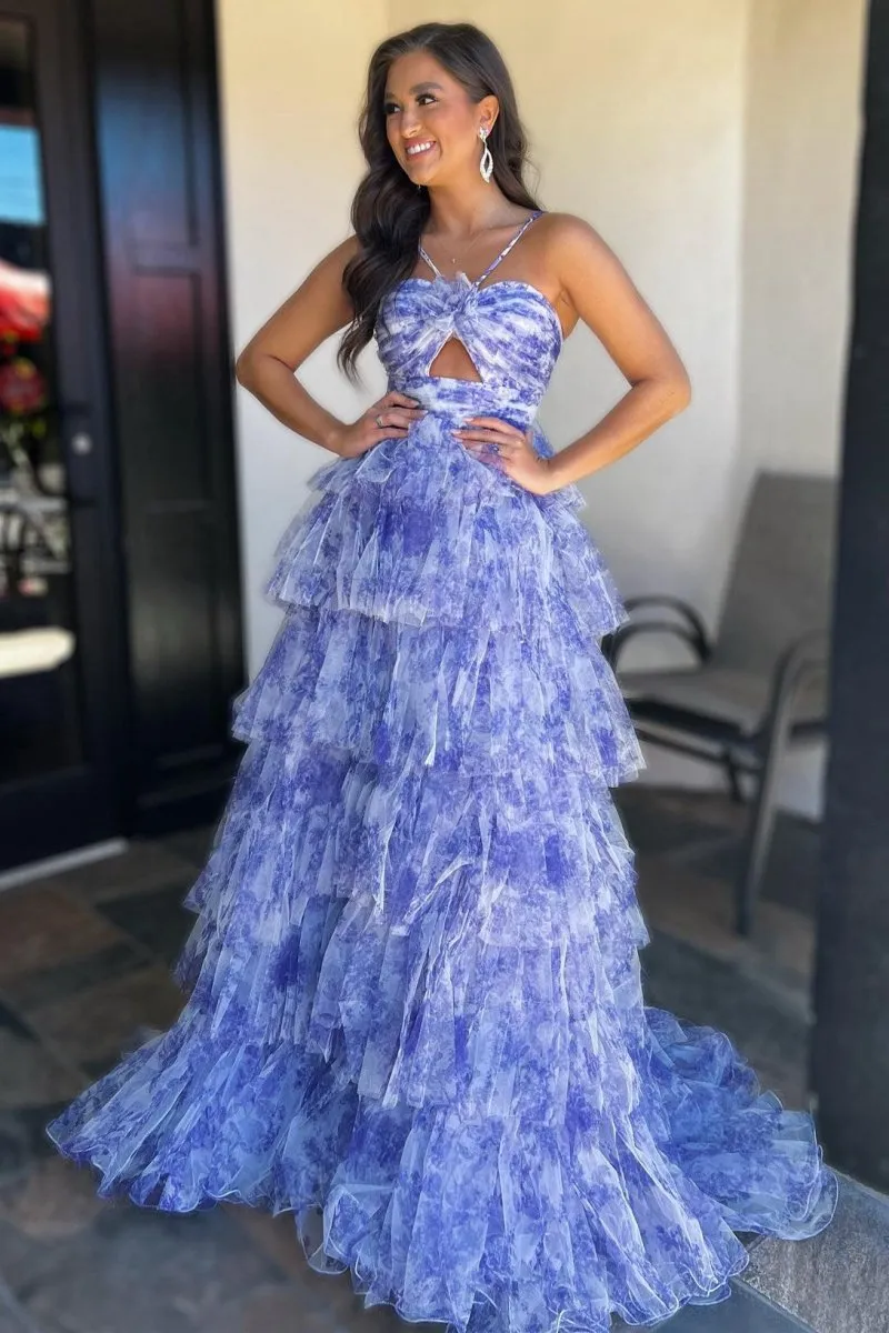 Print Halter Keyhole Ruffle Tie Long Prom Dresses