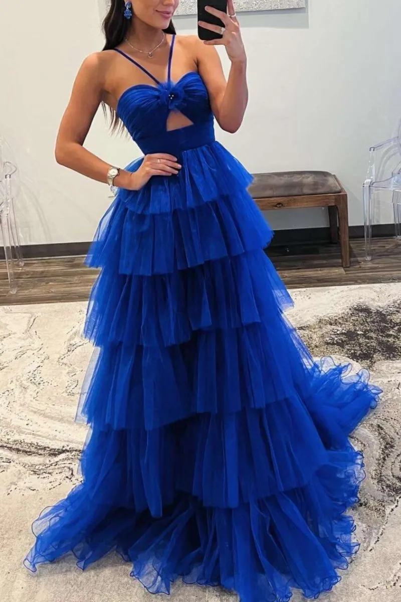 Print Halter Keyhole Ruffle Tie Long Prom Dresses
