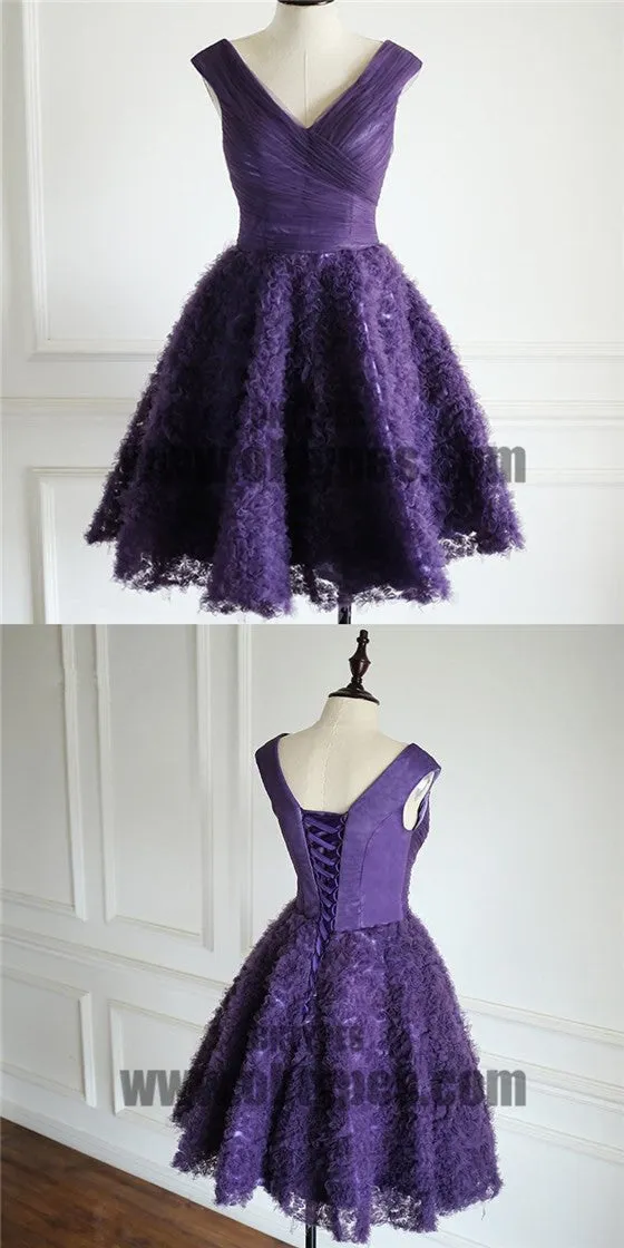Purple V-neck Tulle Homecoming Dresses, Special Design For 2017 Homecoming, TYP0511