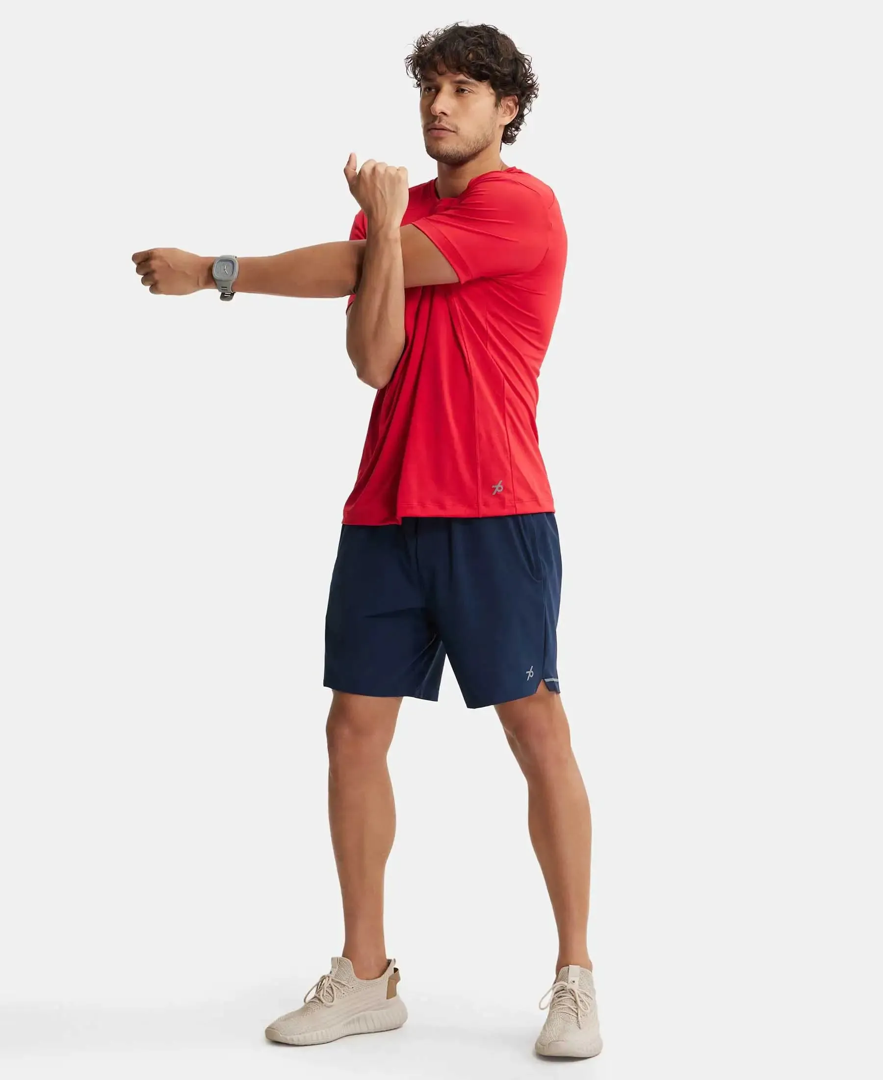 Recycled Microfiber Elastane Stretch Solid Shorts with Zipper Pockets and StayFresh Treatment - Navy