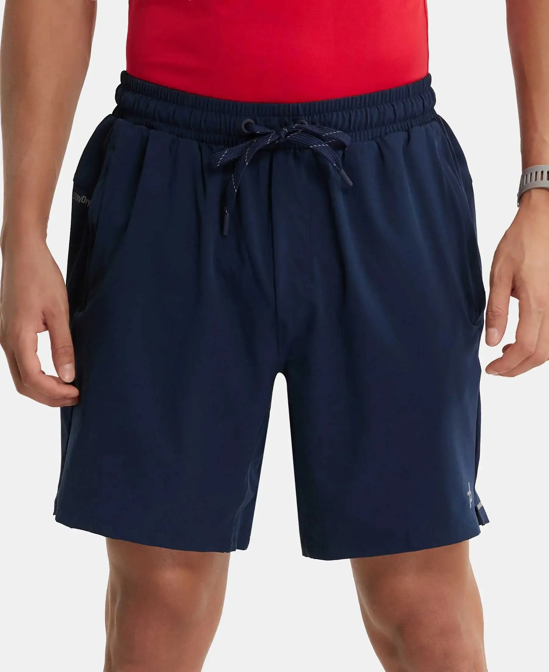 Recycled Microfiber Elastane Stretch Solid Shorts with Zipper Pockets and StayFresh Treatment - Navy