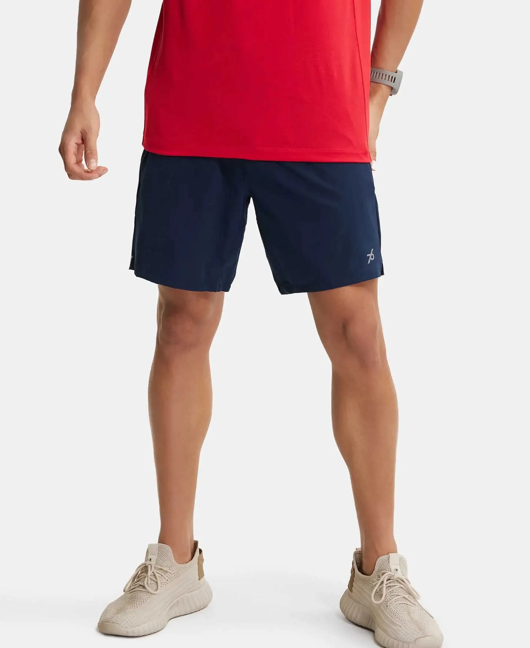 Recycled Microfiber Elastane Stretch Solid Shorts with Zipper Pockets and StayFresh Treatment - Navy