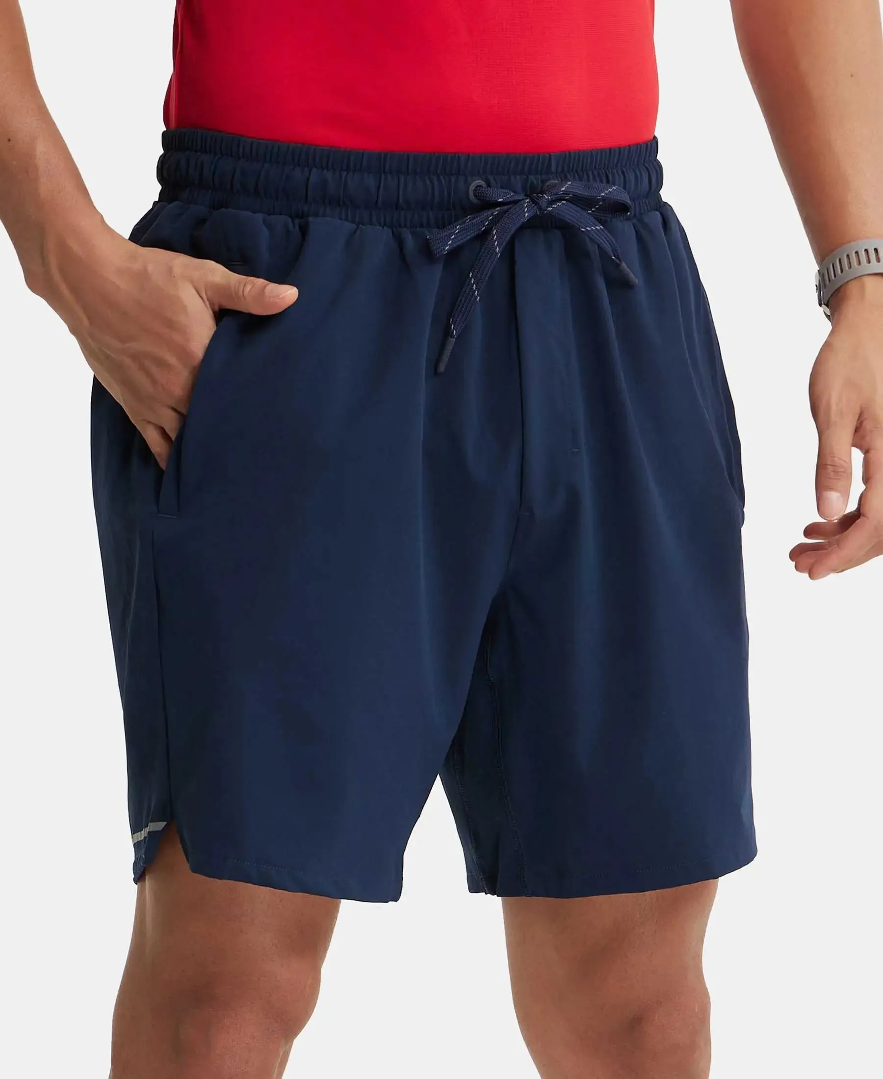 Recycled Microfiber Elastane Stretch Solid Shorts with Zipper Pockets and StayFresh Treatment - Navy