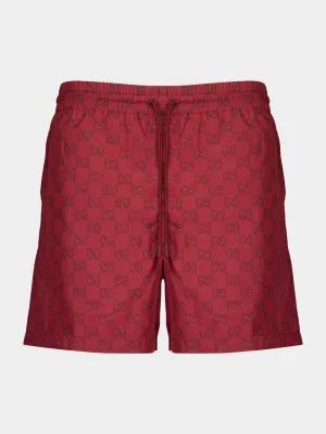 Red GG Print Nylon Swim Shorts