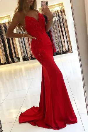 Red Mermaid V-neck Backless Prom Dresses With Lace, Formal Dresses, SP955