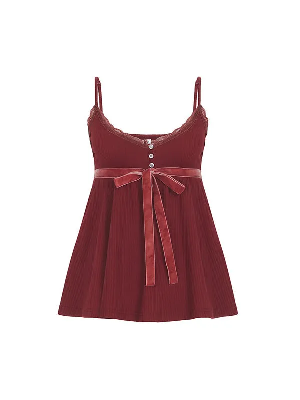 Red vintage top with V-neck button placket and A-hem