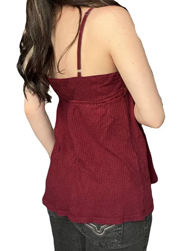 Red vintage top with V-neck button placket and A-hem