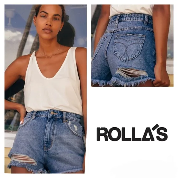 Rolla's Denim High Rise Slim Duster Shorts Size 29 Medium Wash Blue Revolve