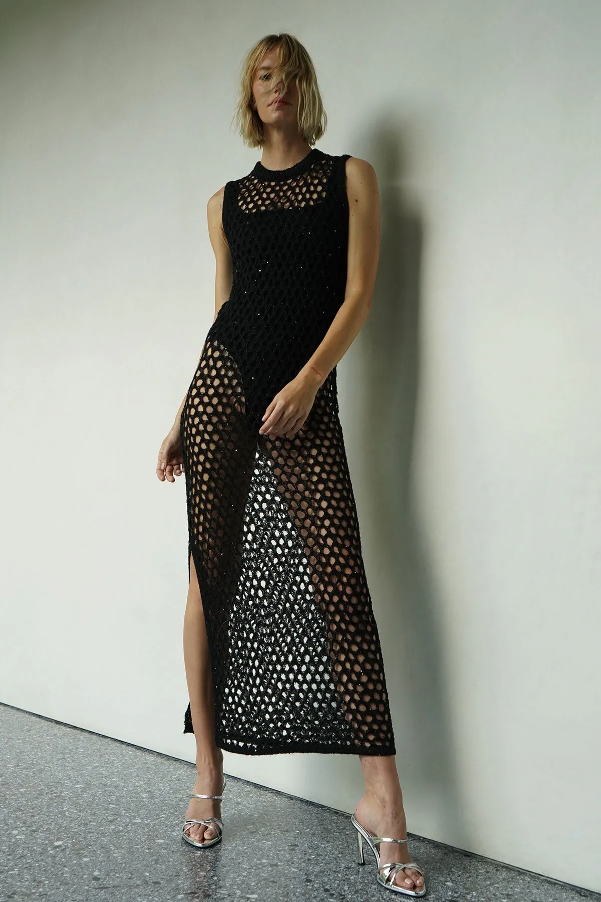 Ry Sparkle Open Knit Sweater Dress - Black Night