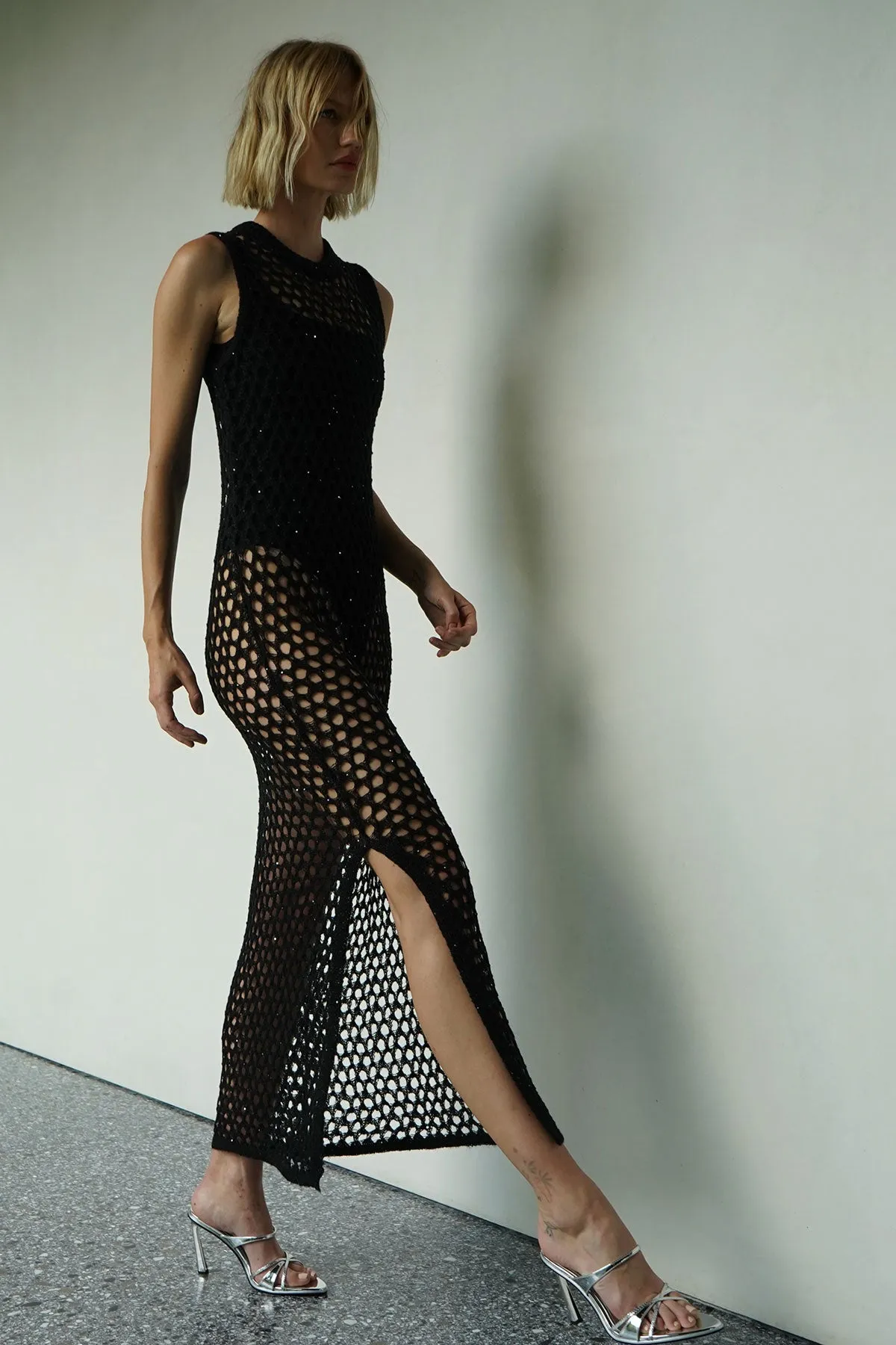 Ry Sparkle Open Knit Sweater Dress - Black Night