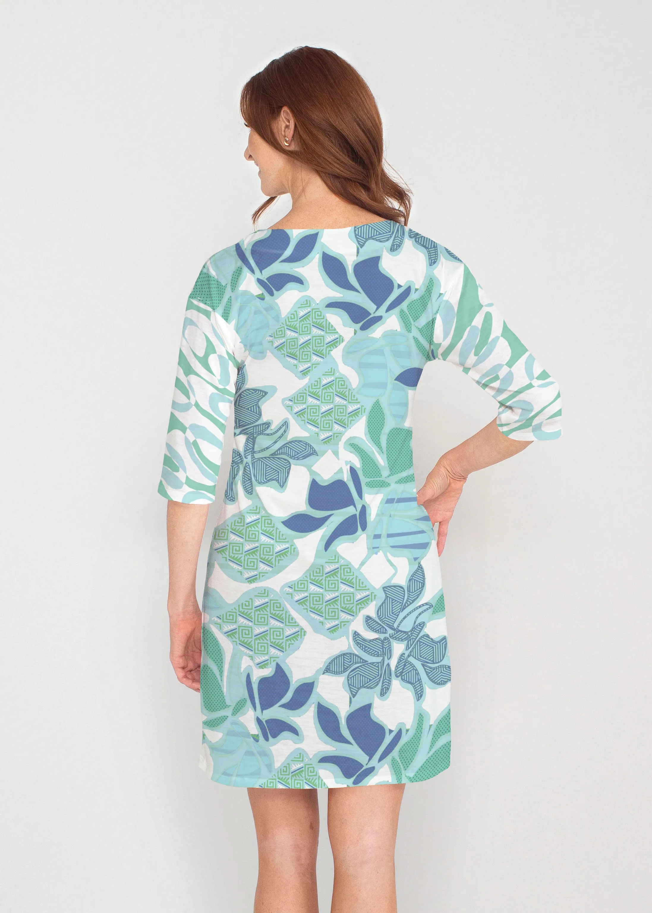 Sail Blue (8087) ~ Drop Shoulder 3/4 Sleeve V-Neck Dress