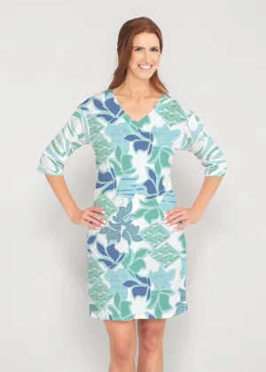 Sail Blue (8087) ~ Drop Shoulder 3/4 Sleeve V-Neck Dress