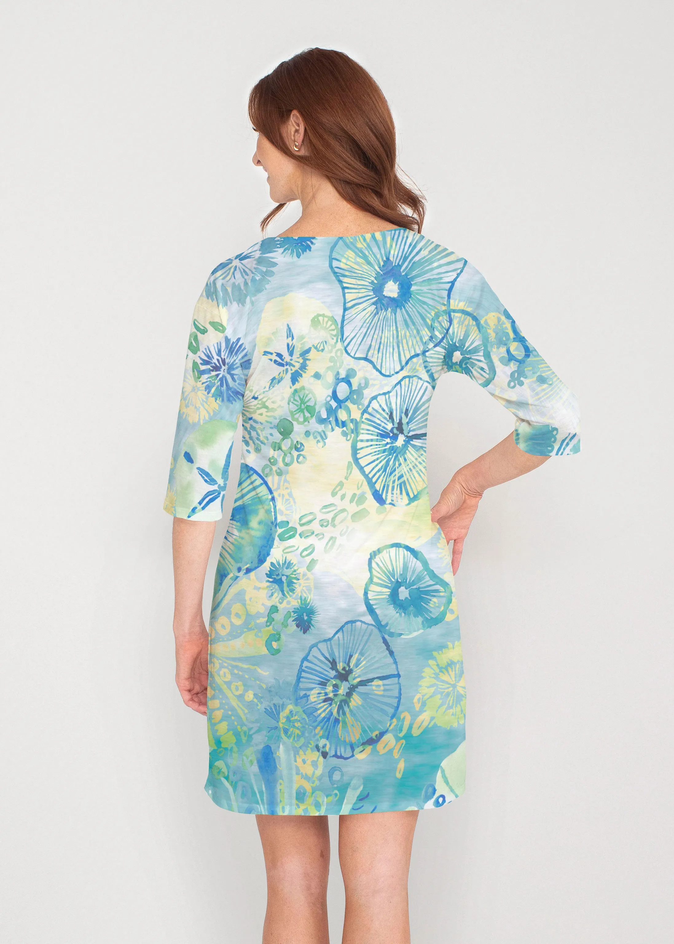 Sand Dollar Aqua (16256) ~ Drop Shoulder 3/4 Sleeve V-Neck Dress