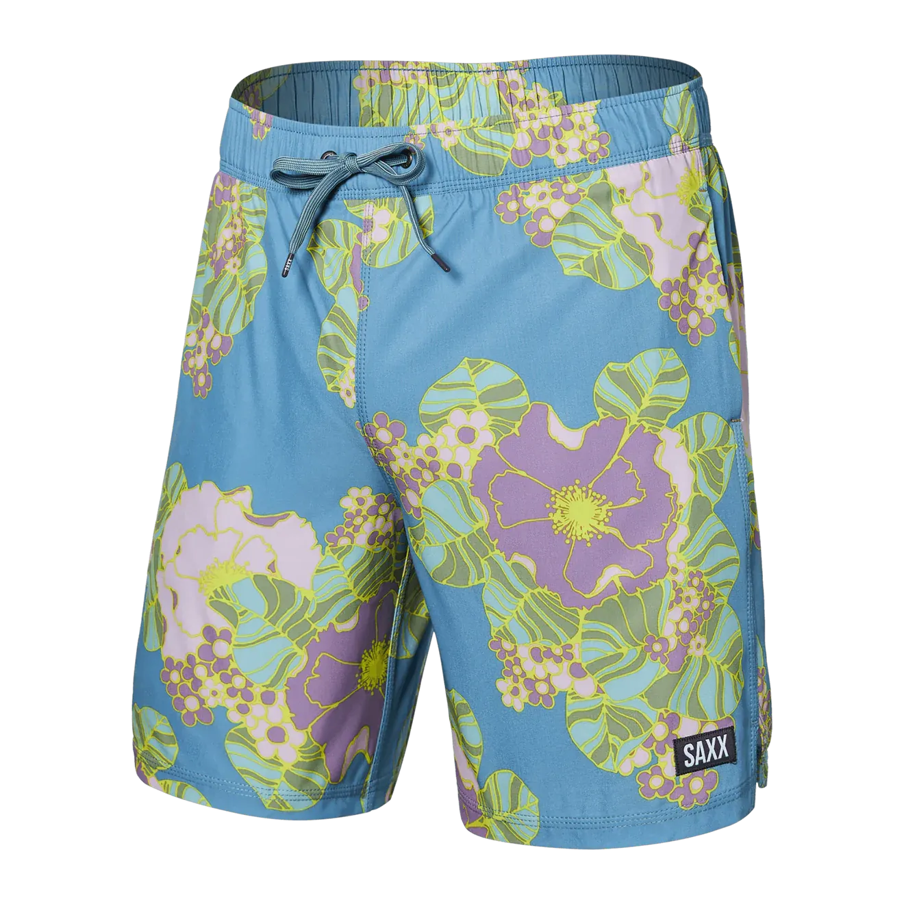 Saxx Mens Oh Buoy Stretch Volley 7" Swim Short - Big Bloom - Washed Blue