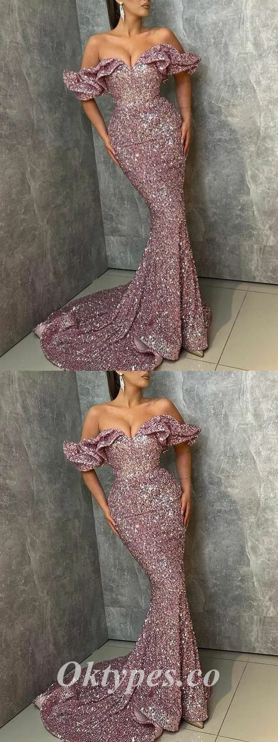 Sexy Gorgeous Sequin Off Shoulder V-Neck Sleeveless Mermaid Long Prom Dresses,PDS0530