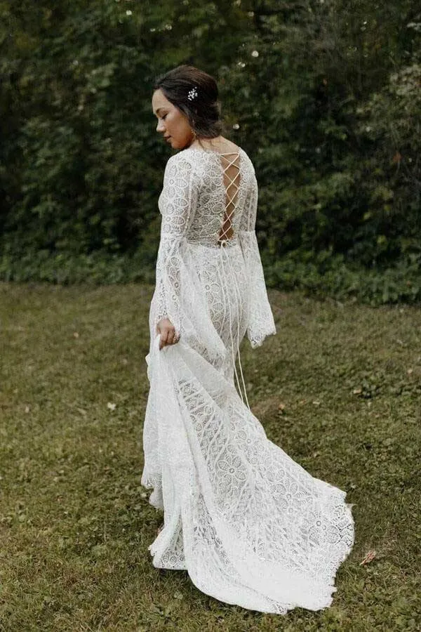 Sheath Lace Long Sleeves Wedding Gown, Lace Up Beach Wedding Dresses, SW531