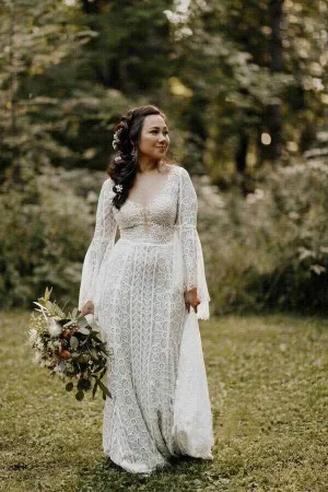 Sheath Lace Long Sleeves Wedding Gown, Lace Up Beach Wedding Dresses, SW531