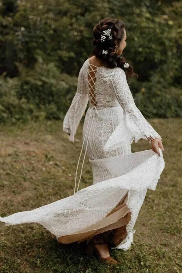 Sheath Lace Long Sleeves Wedding Gown, Lace Up Beach Wedding Dresses, SW531