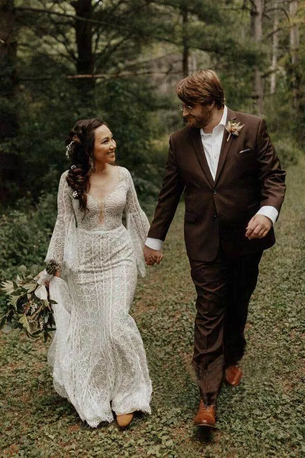Sheath Lace Long Sleeves Wedding Gown, Lace Up Beach Wedding Dresses, SW531
