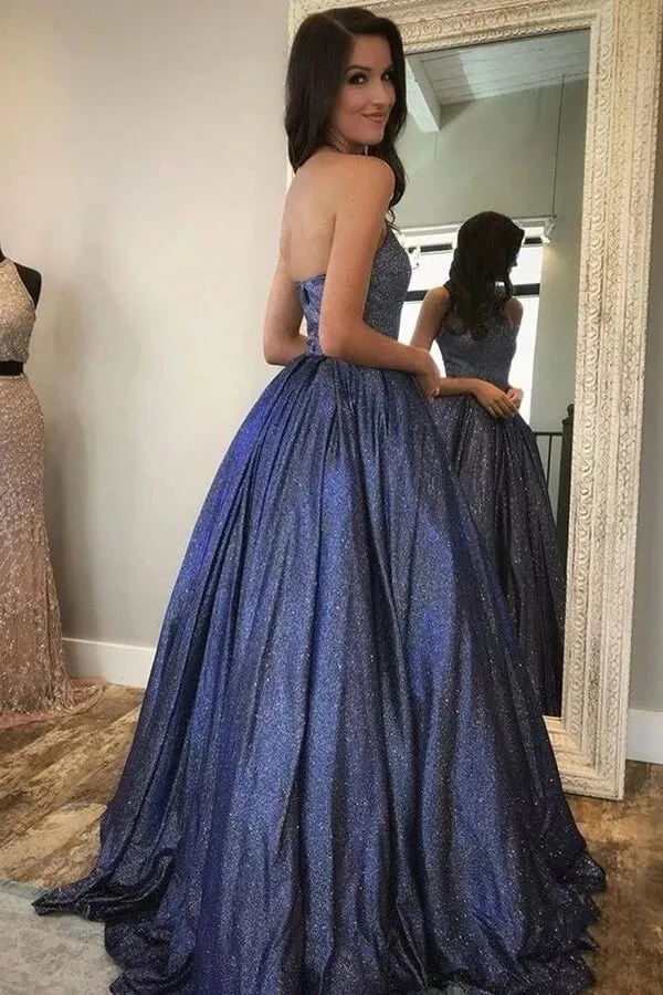 Shiny Navy Blue A-line Halter Neck Cute Prom Dresses, Long Formal Dress, SP872
