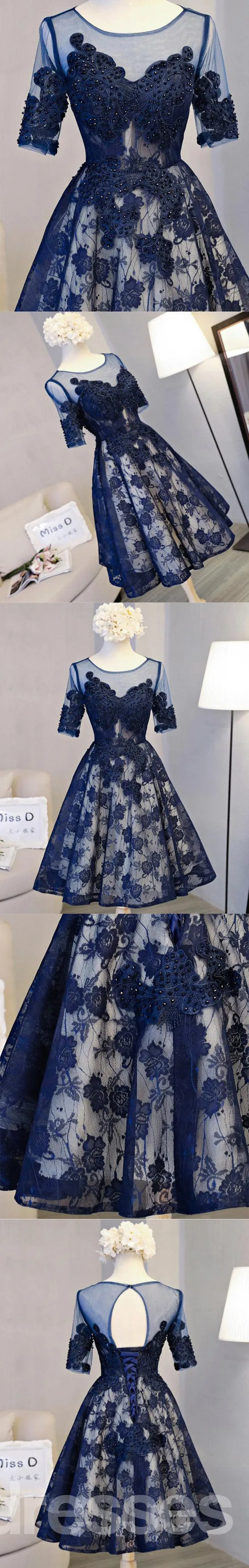 Short Sleeve Navy Lace Open Back Homecoming Prom Dresses, Affordable Short Party Prom Dresses, Perfect Homecoming Dresses, CM298