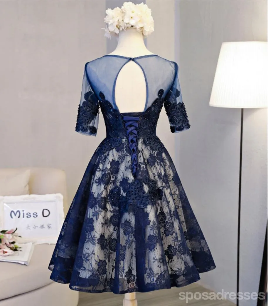 Short Sleeve Navy Lace Open Back Homecoming Prom Dresses, Affordable Short Party Prom Dresses, Perfect Homecoming Dresses, CM298