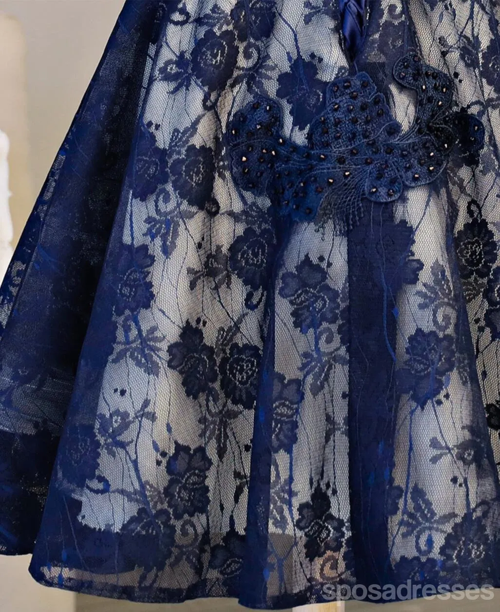 Short Sleeve Navy Lace Open Back Homecoming Prom Dresses, Affordable Short Party Prom Dresses, Perfect Homecoming Dresses, CM298