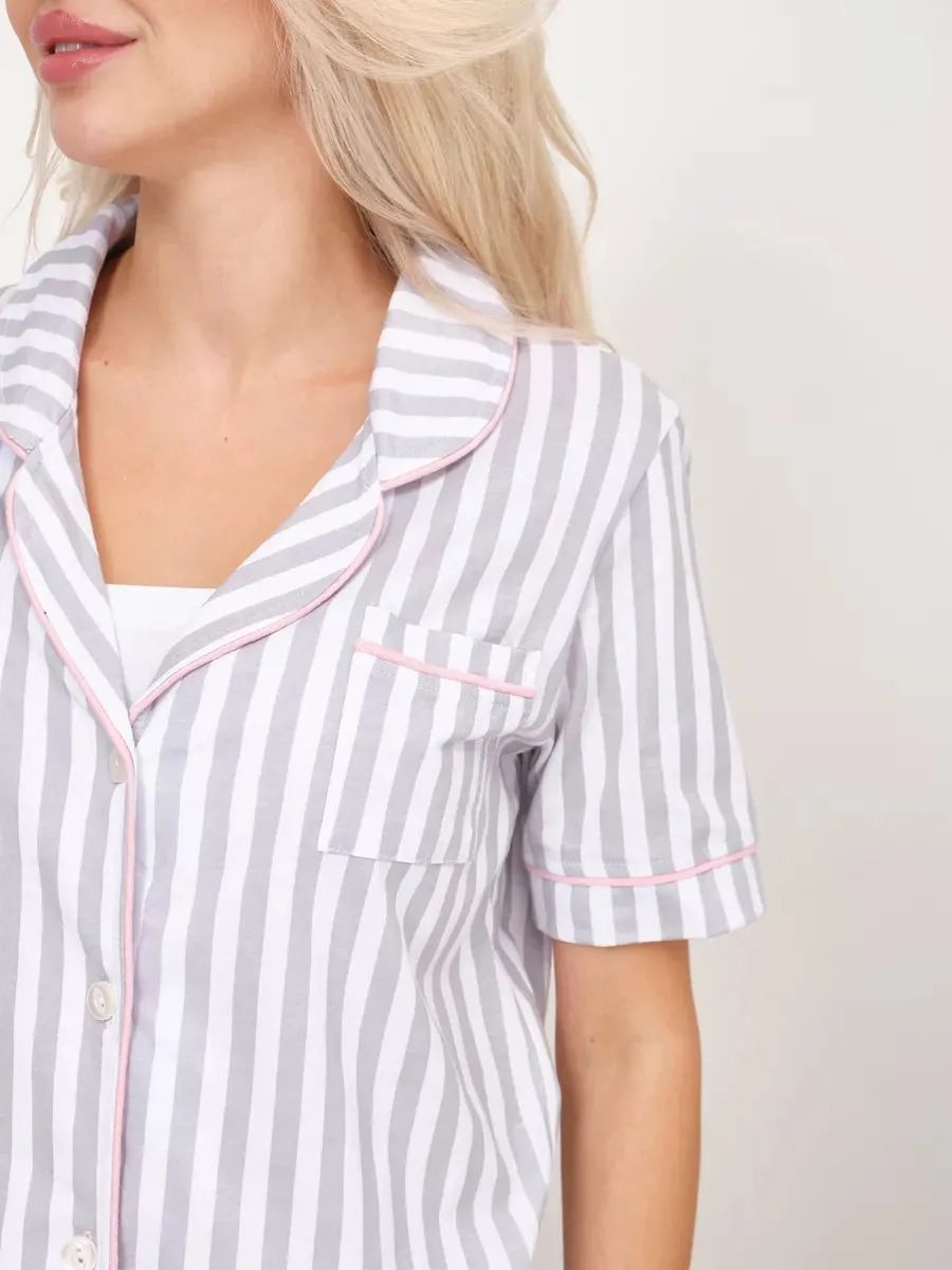 Shorts Set Grey Stripes 100% Cotton