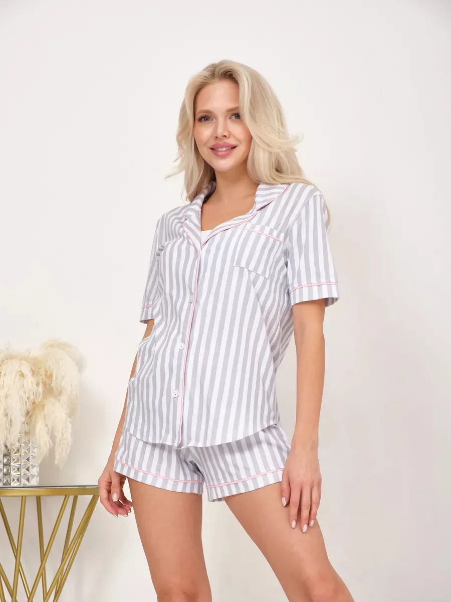 Shorts Set Grey Stripes 100% Cotton