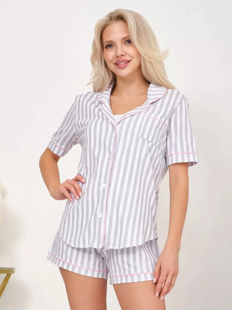 Shorts Set Grey Stripes 100% Cotton