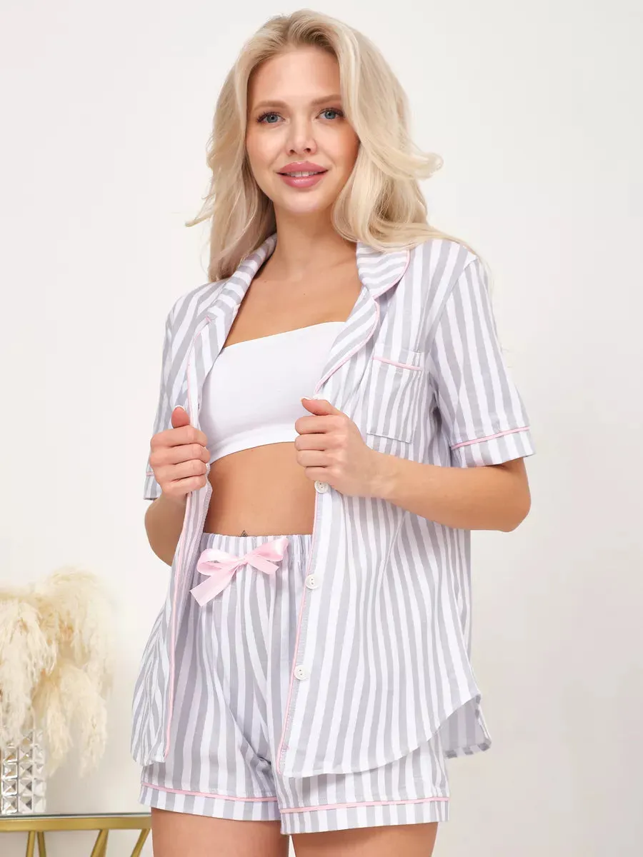 Shorts Set Grey Stripes 100% Cotton