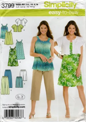 Simplicity 3799 Womens Pullover Dress Top Pants Shorts & Jacket Out Of Print Sewing Pattern Size XXS - M UNCUT Factory Folded