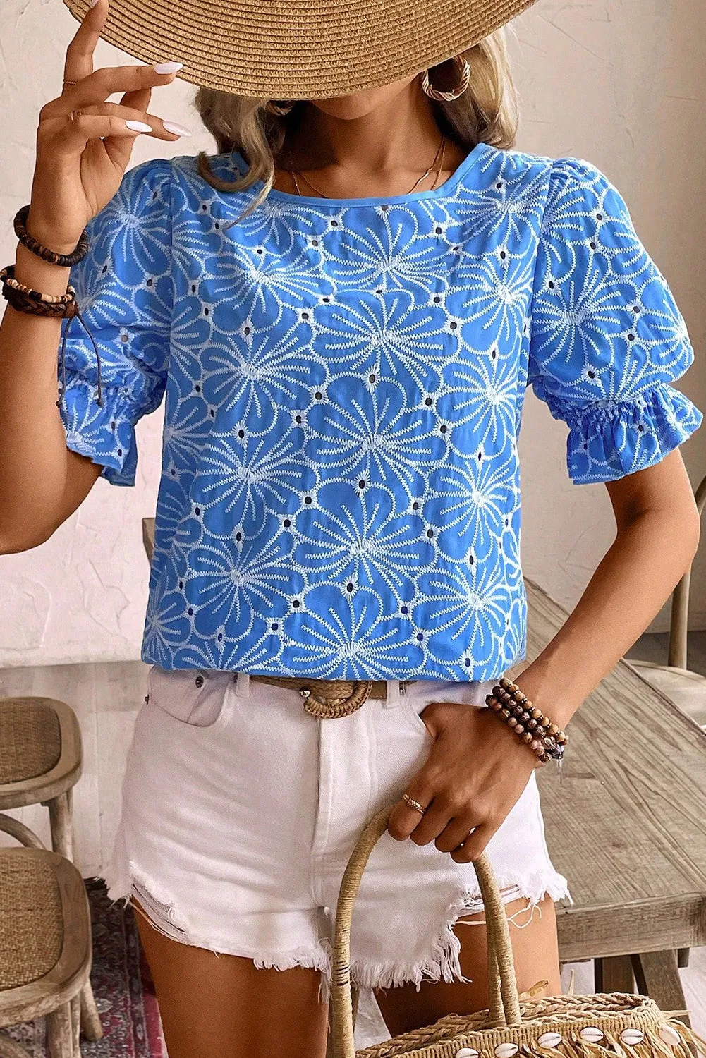 Sky Blue Eyelet Flower Embroidered Top RTS