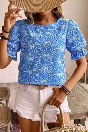 Sky Blue Eyelet Flower Embroidered Top RTS