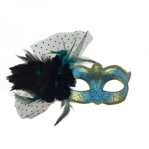Sky Blue - Venetian Mask with Feather Aside