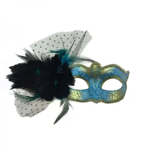 Sky Blue - Venetian Mask with Feather Aside